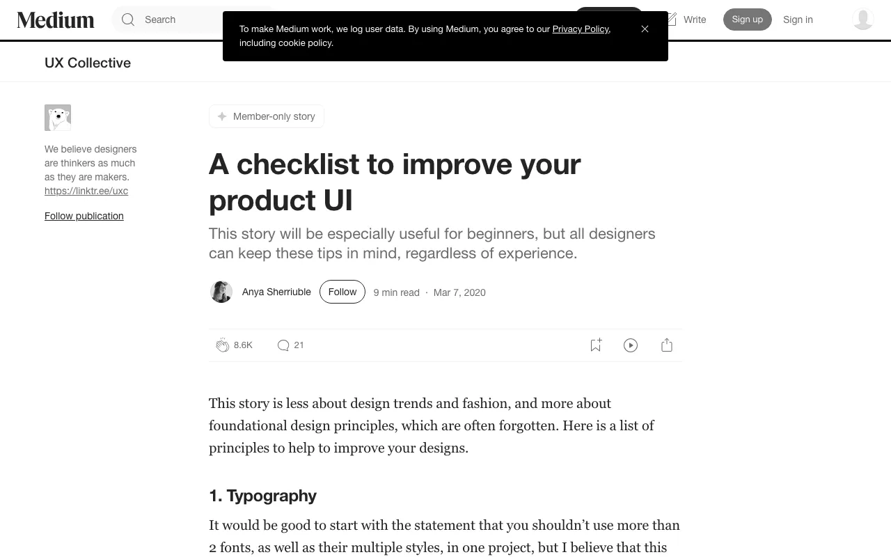 Anteprima di Articolo che mostra una checklist per la UI