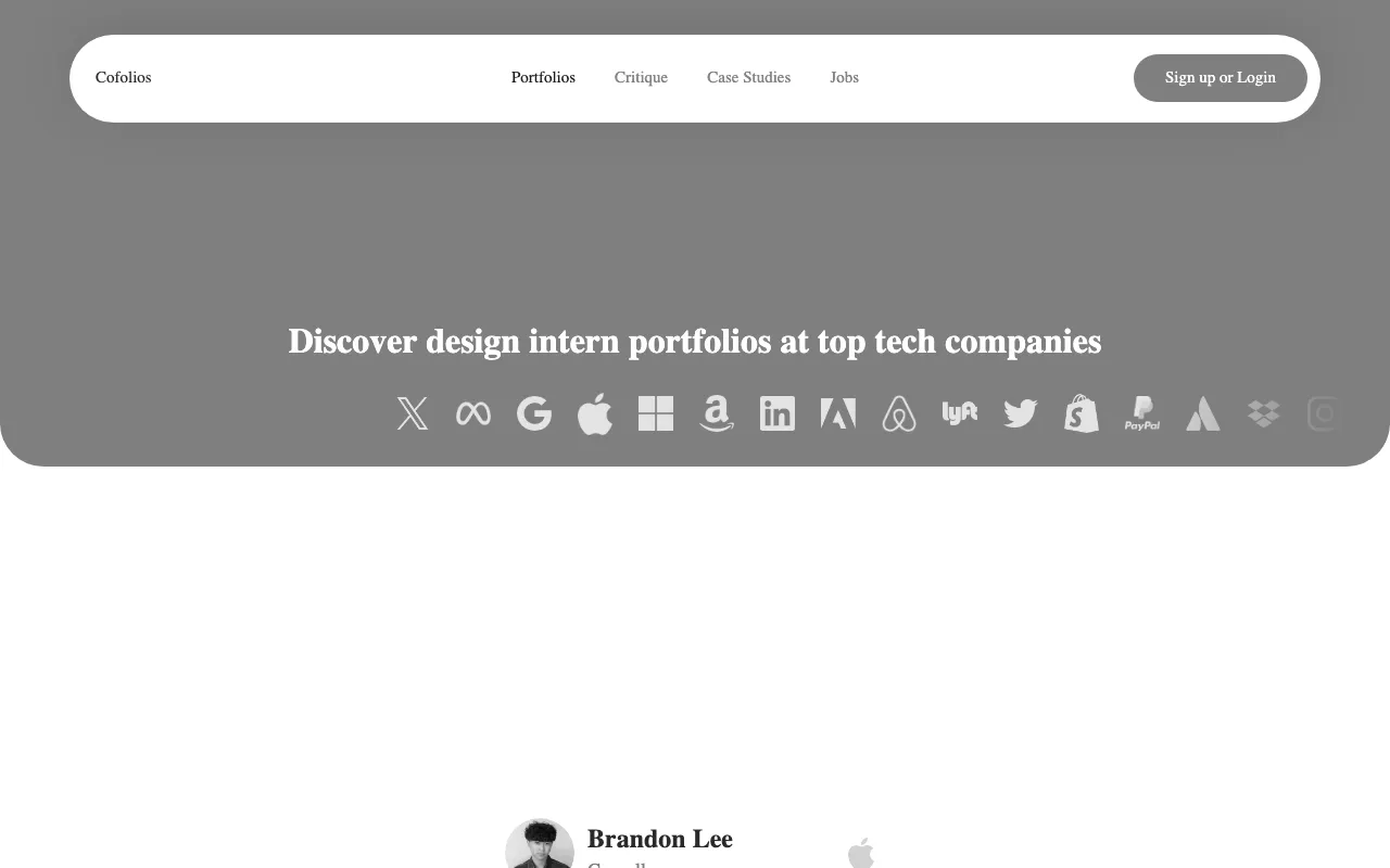 Anteprima di Cofolios, raccolta di portfolio e offerte per stage