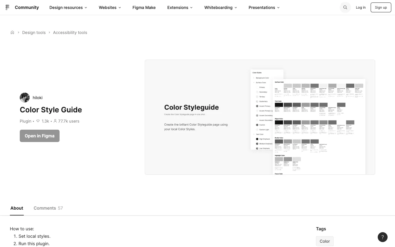 Anteprima di Color style guide, plugin Figma