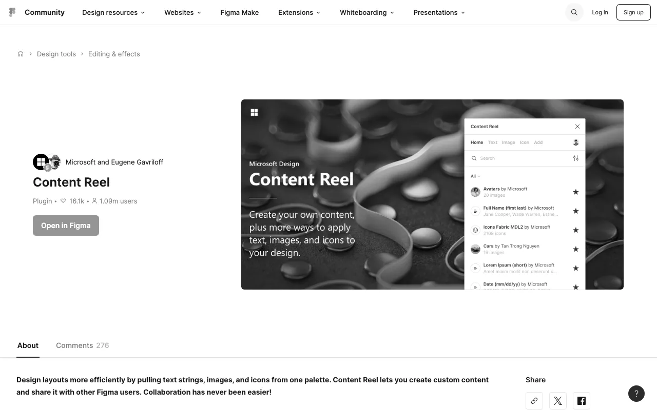 Anteprima di Content reel, plugin Figma