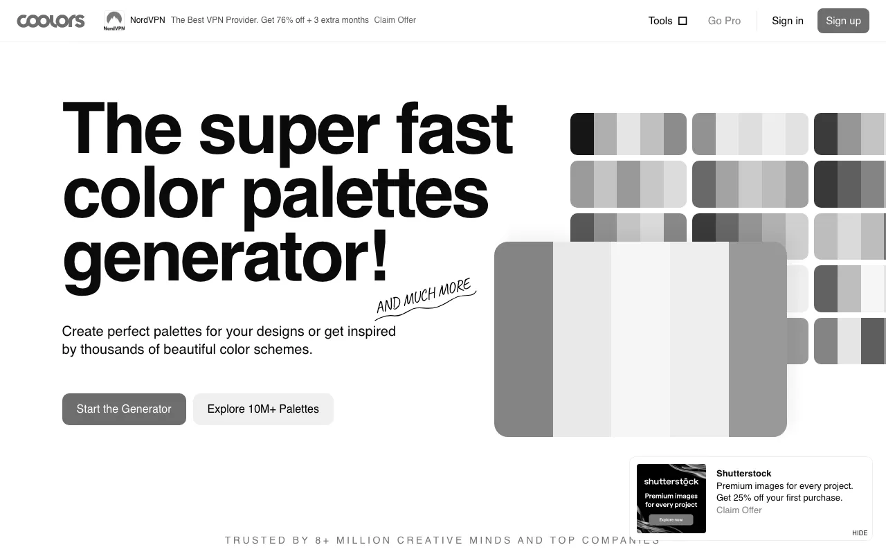 Anteprima di Coolors.co, tool per palette colore