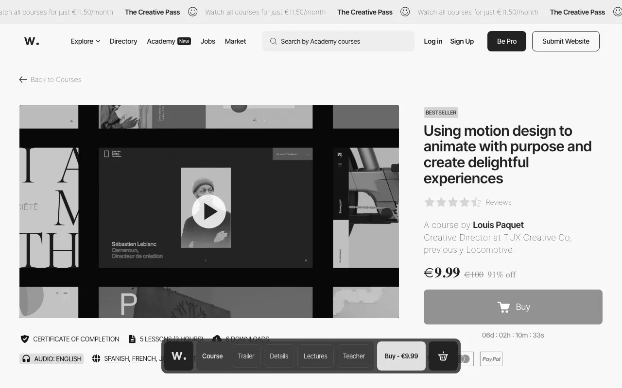 Anteprima di Crea esperienze piacevoli usando il Motion Design, corso di formazione Awwwards