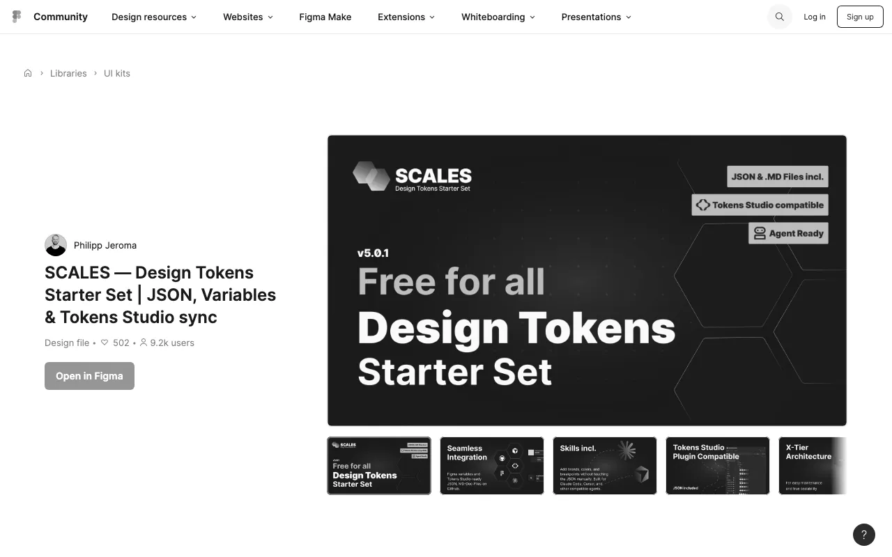 Anteprima di Design Tokens Starter Set, per sincronizzare JSON, variabili & Token Studio