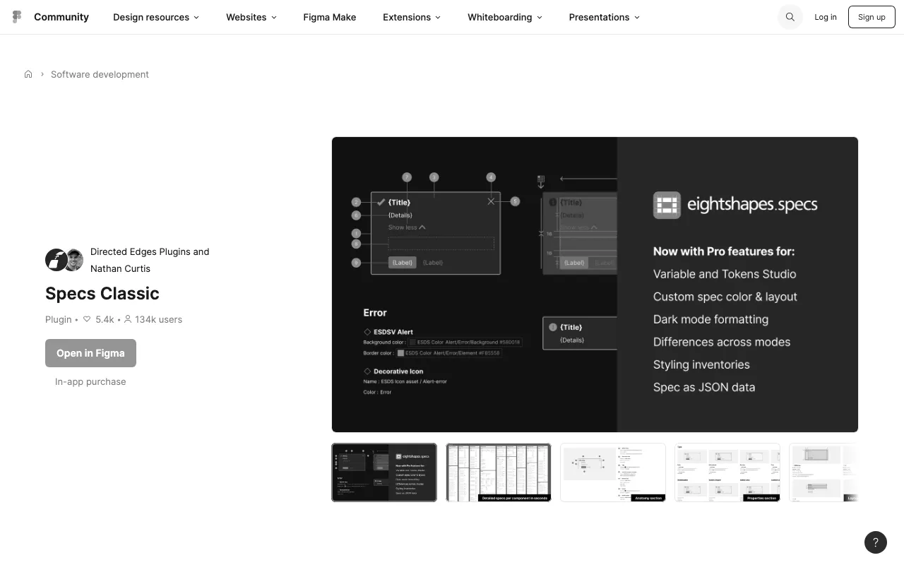 Anteprima di EightShapes Specs, plugin Figma