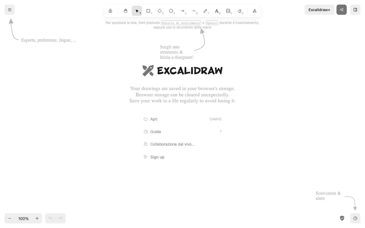 Anteprima di Excalidraw, lavagna virtuale collaborativa