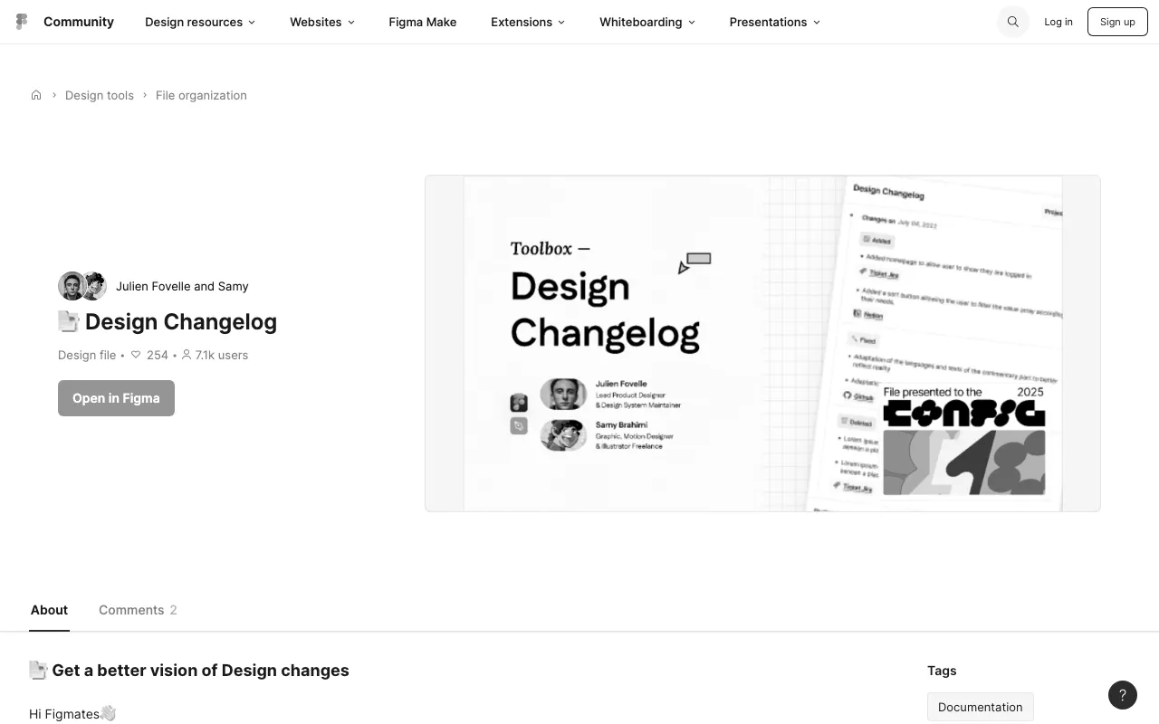 Anteprima di Figma kit per changelog delle attività di design