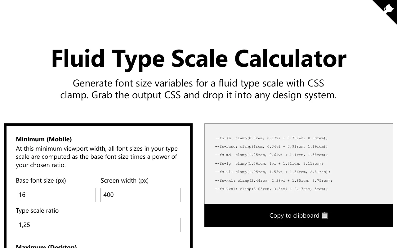 Anteprima di Fluid Typescale, tool per creazione scale tipografiche