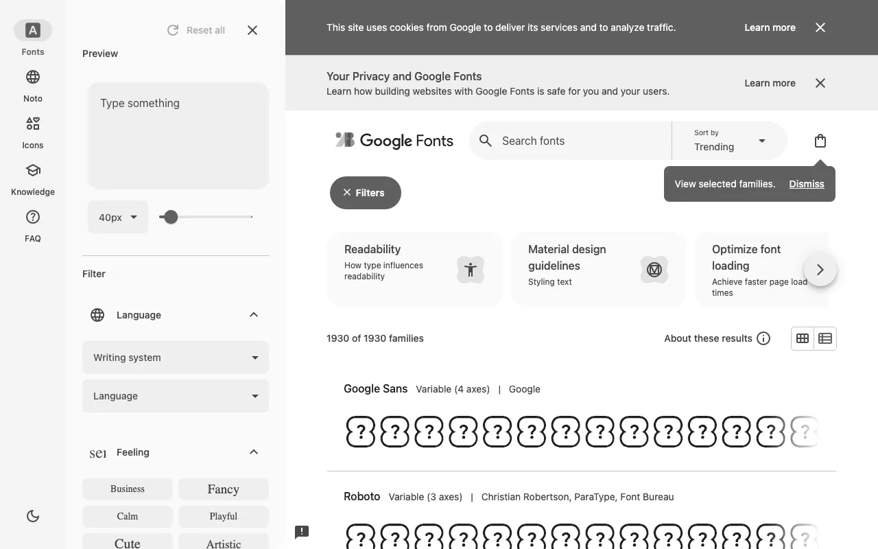 Anteprima di Google Fonts, font gratuiti web safe