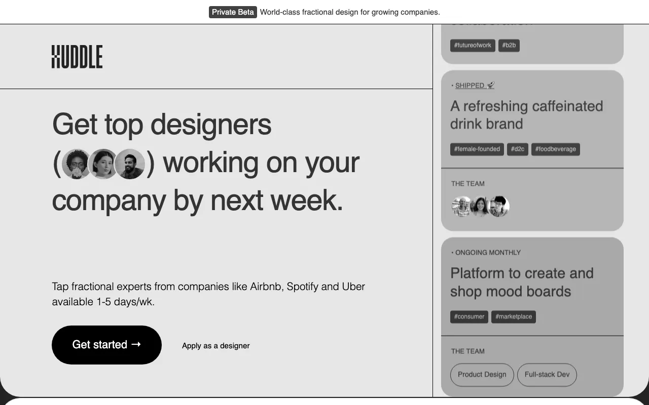 Anteprima di Huddle, piattaforma per trovare Fractional Head of Design