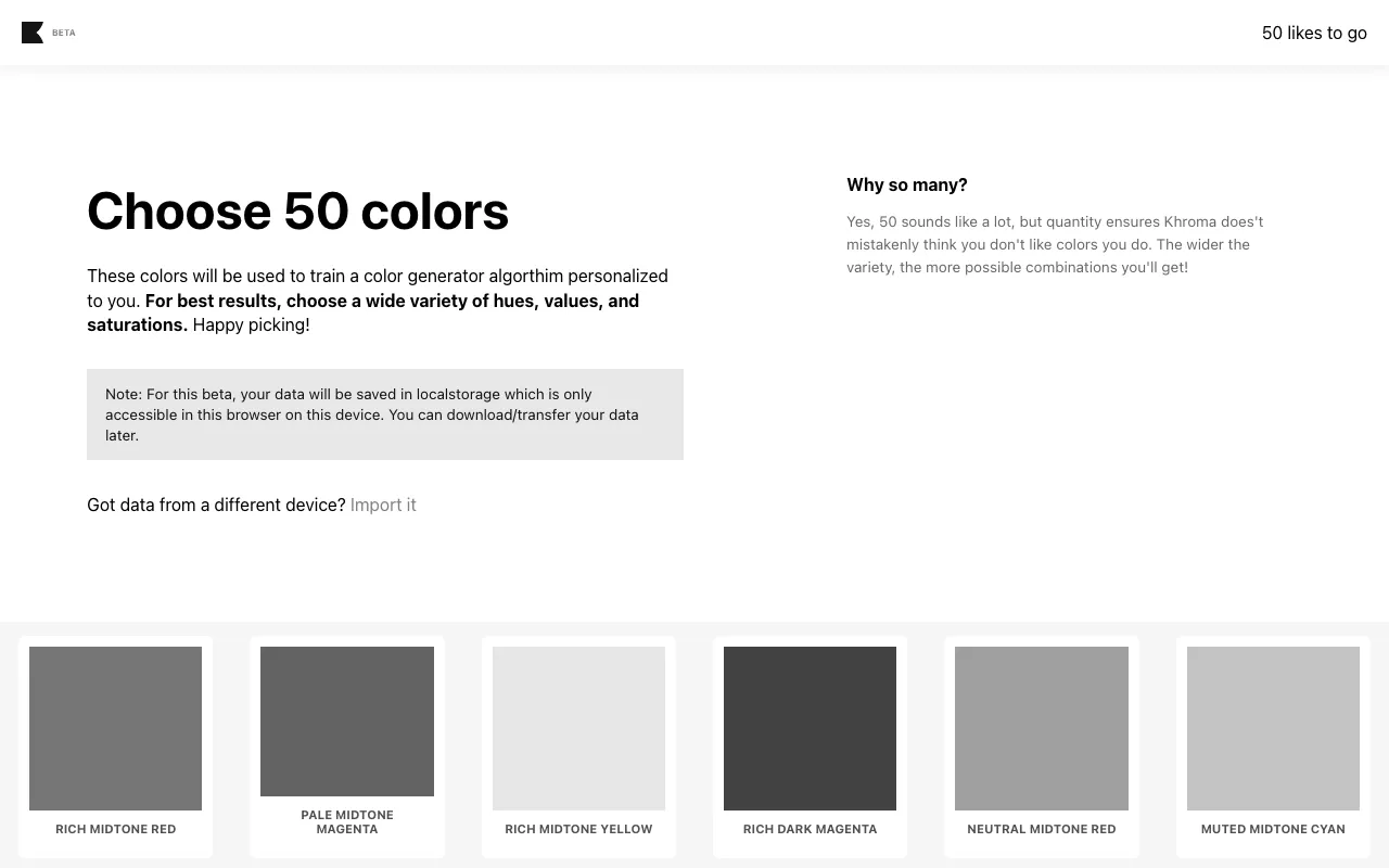 Anteprima di Khroma, tool per creare palette