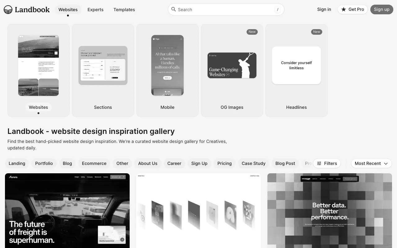 Anteprima di LandBook, raccolta di landing page
