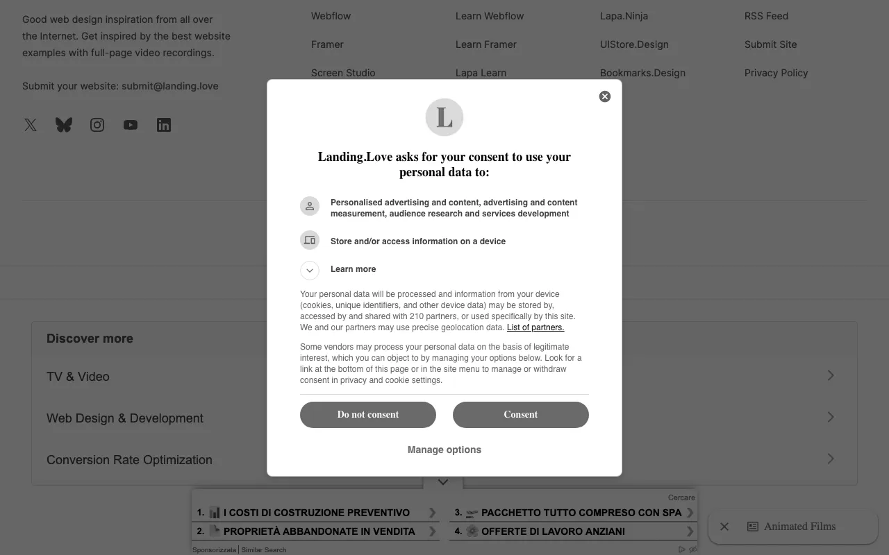 Anteprima di Landing.love, raccolta di landing page