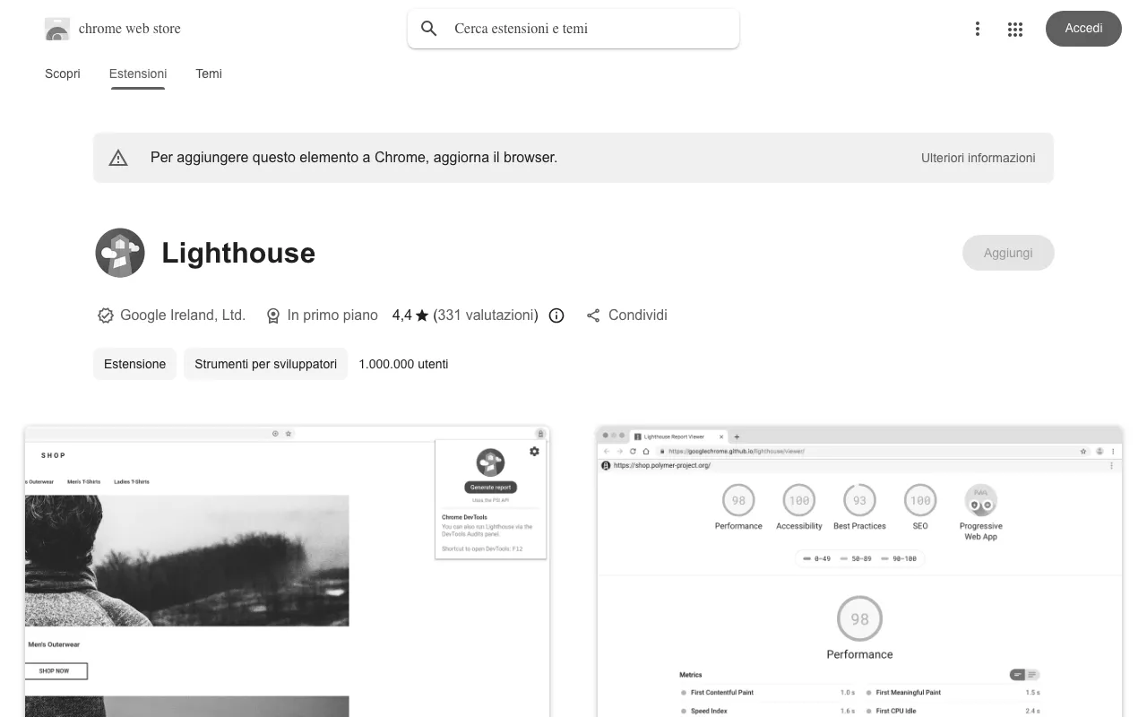 Anteprima di Lighthouse, plugin Chrome