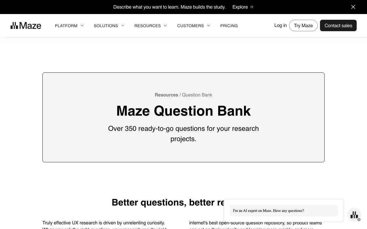 Anteprima di Maze Question Bank, raccolta di domande per ricerca