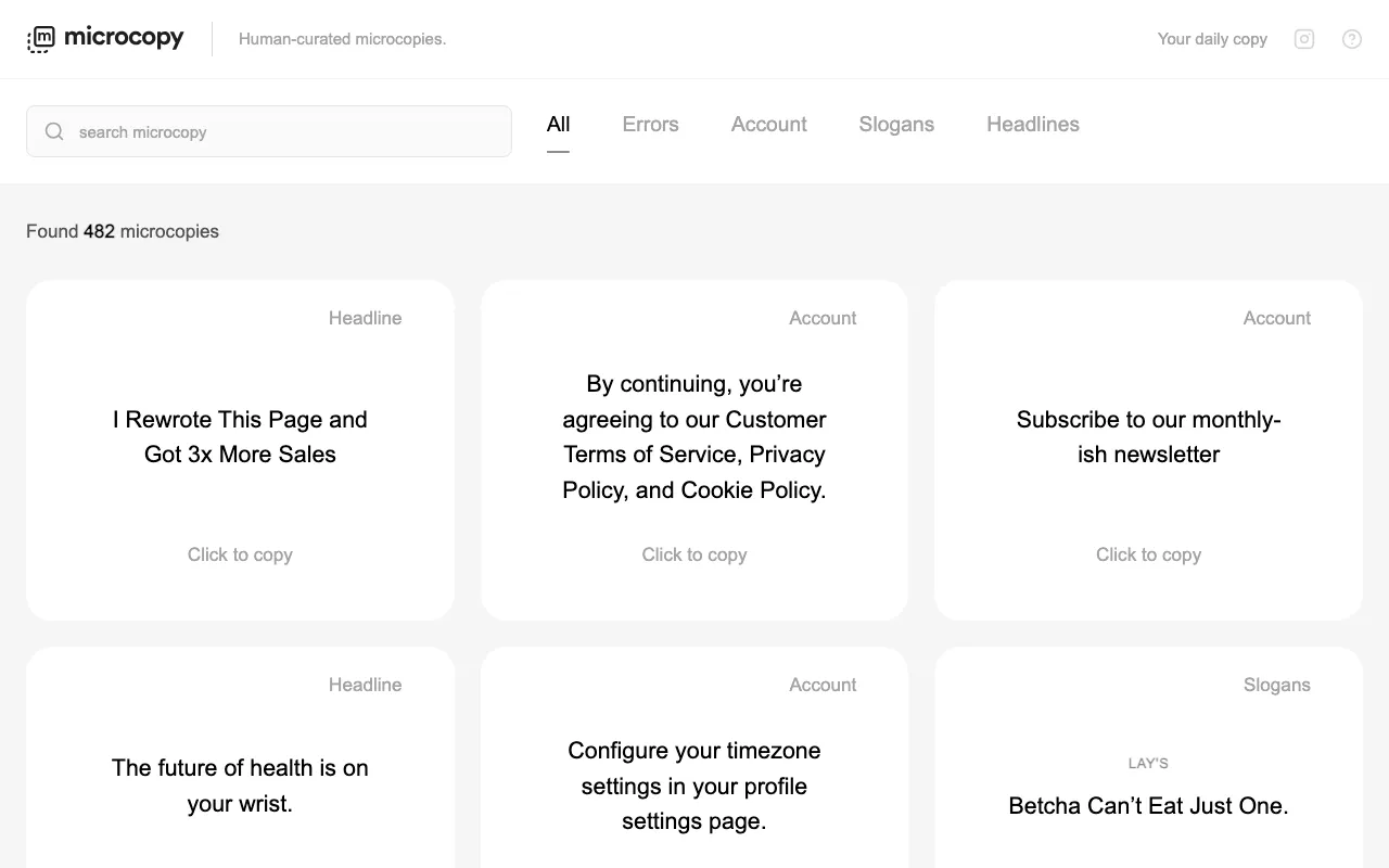 Anteprima di Microcopy.me, piattaforma in cui cercare e copiare copy pronti