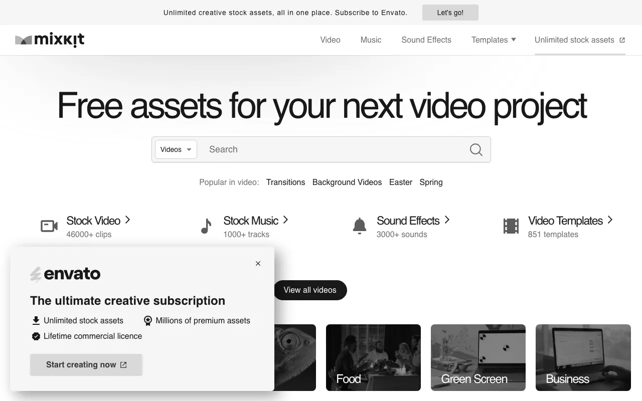 Anteprima di Mixkit, raccolta di suoni e video gratuita