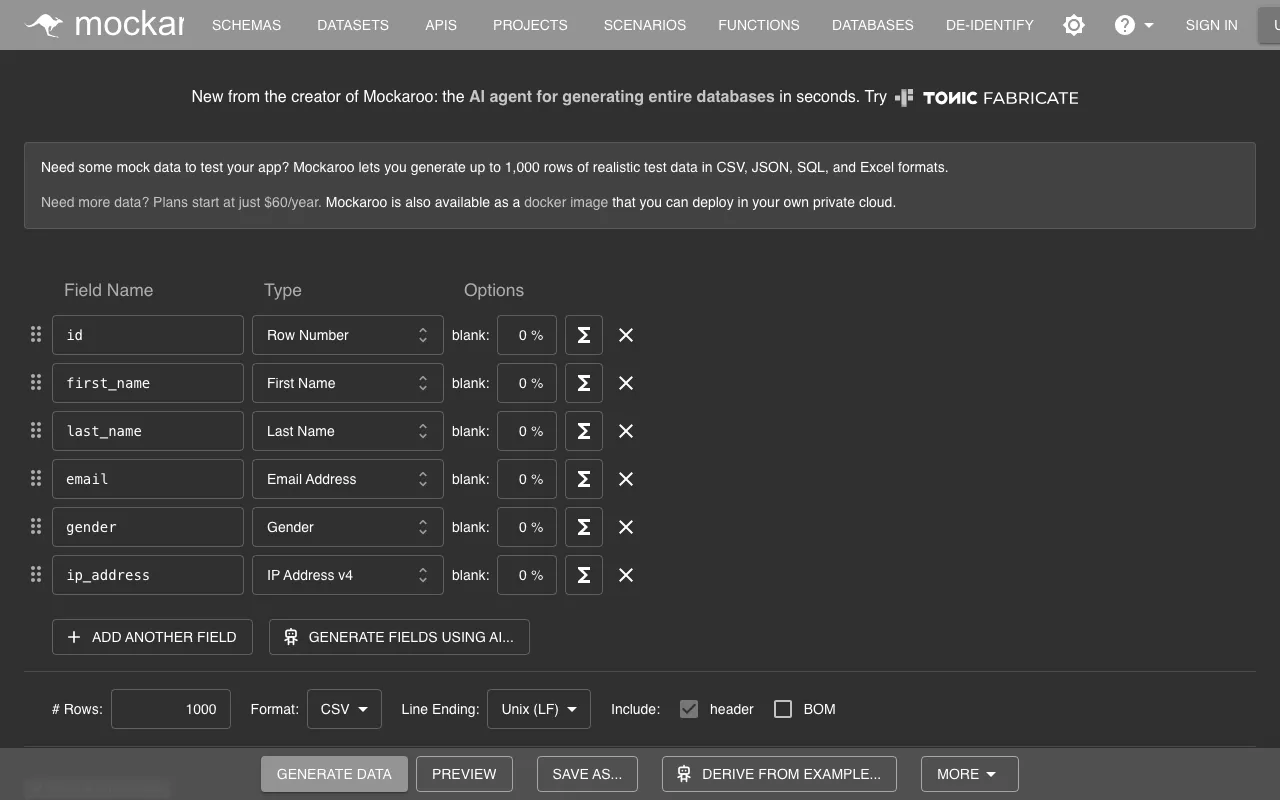 Anteprima di Mockaroo, tool per generare dati random per mockup