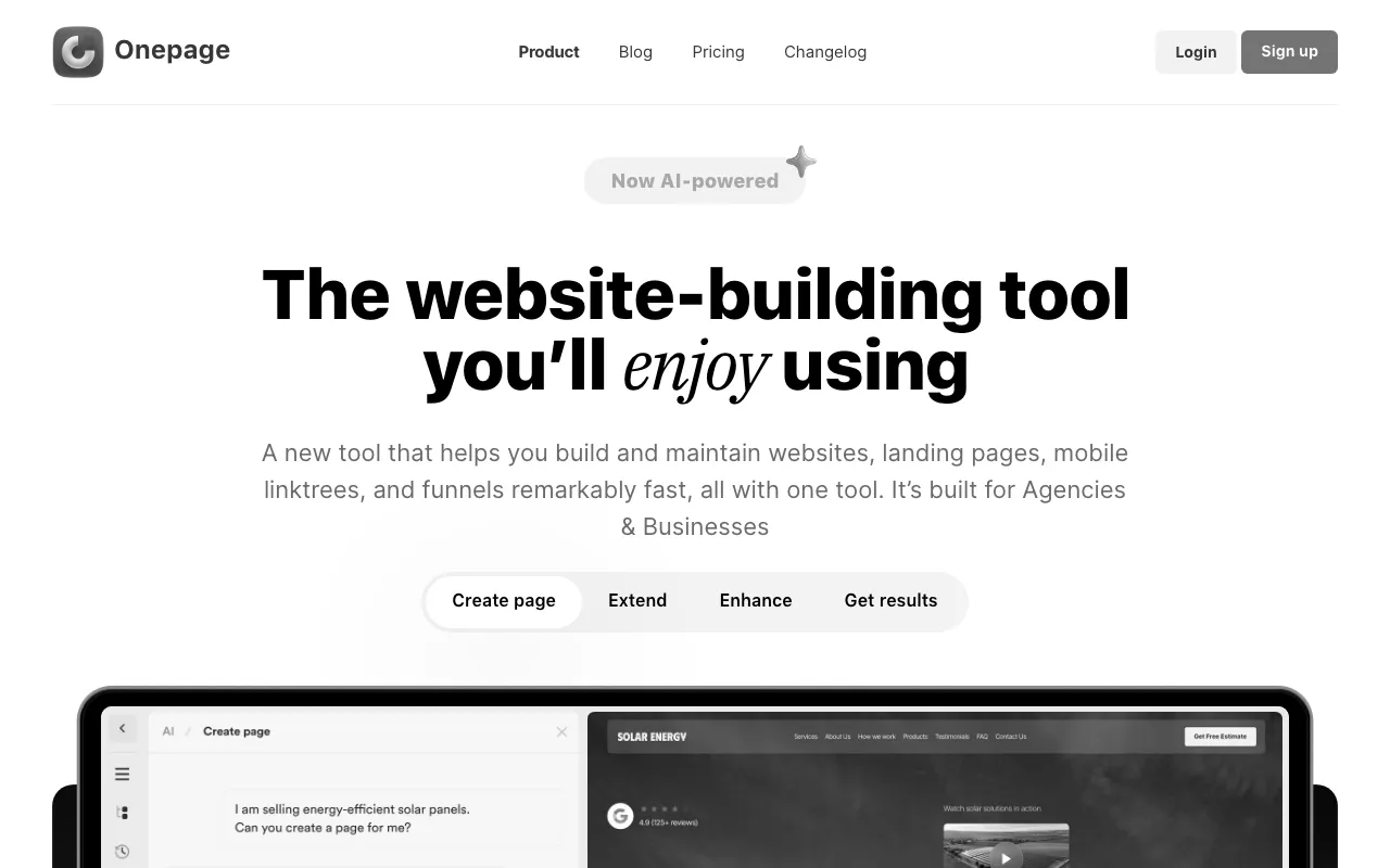 Anteprima di Onepage, tool per creare landing page