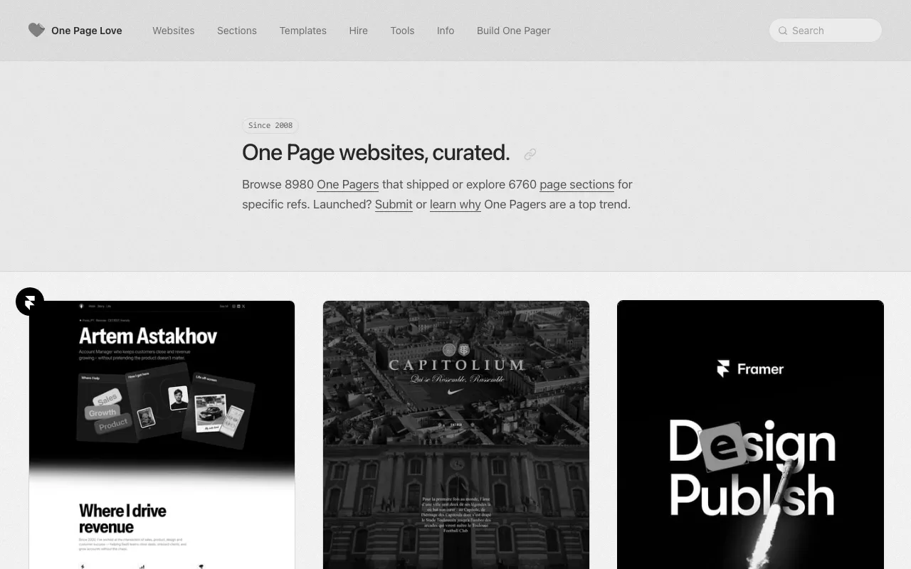 Anteprima di Onepagelove, repository di landing page