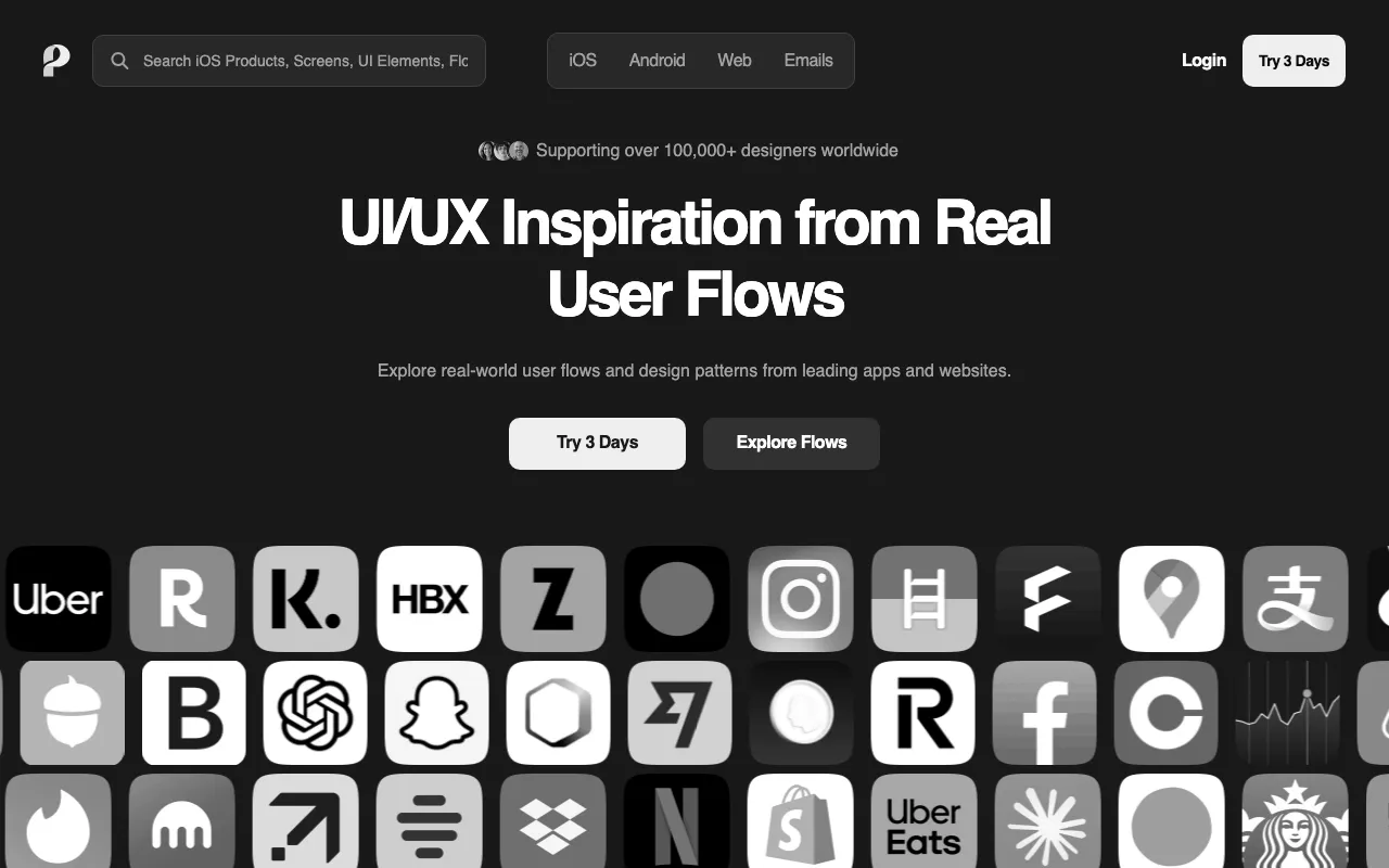 Anteprima di Pageflows, raccolta di screenshot e flussi di prodotti reali