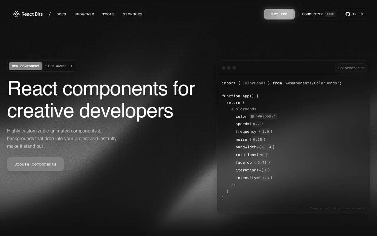 Anteprima di React bits, raccolta di motion e animazioni