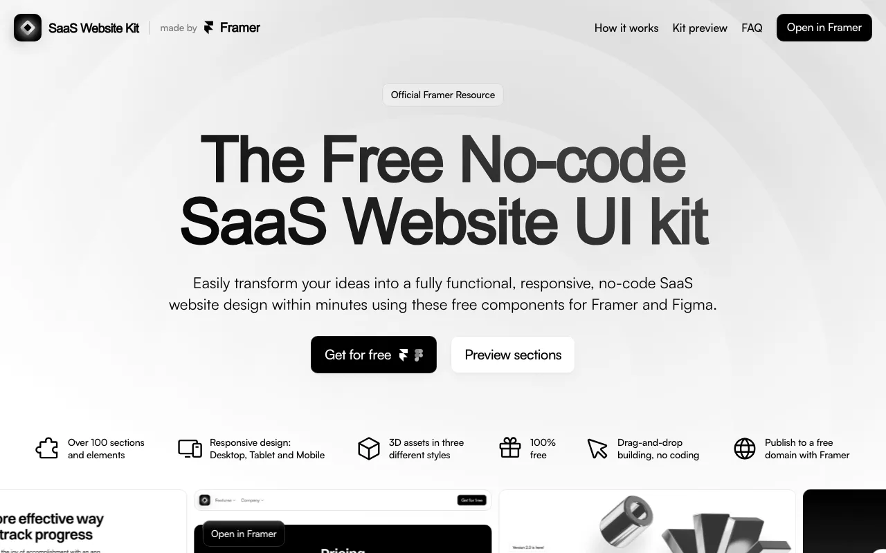 Anteprima di Saas Website Kit, gratuito per Framer e Figma