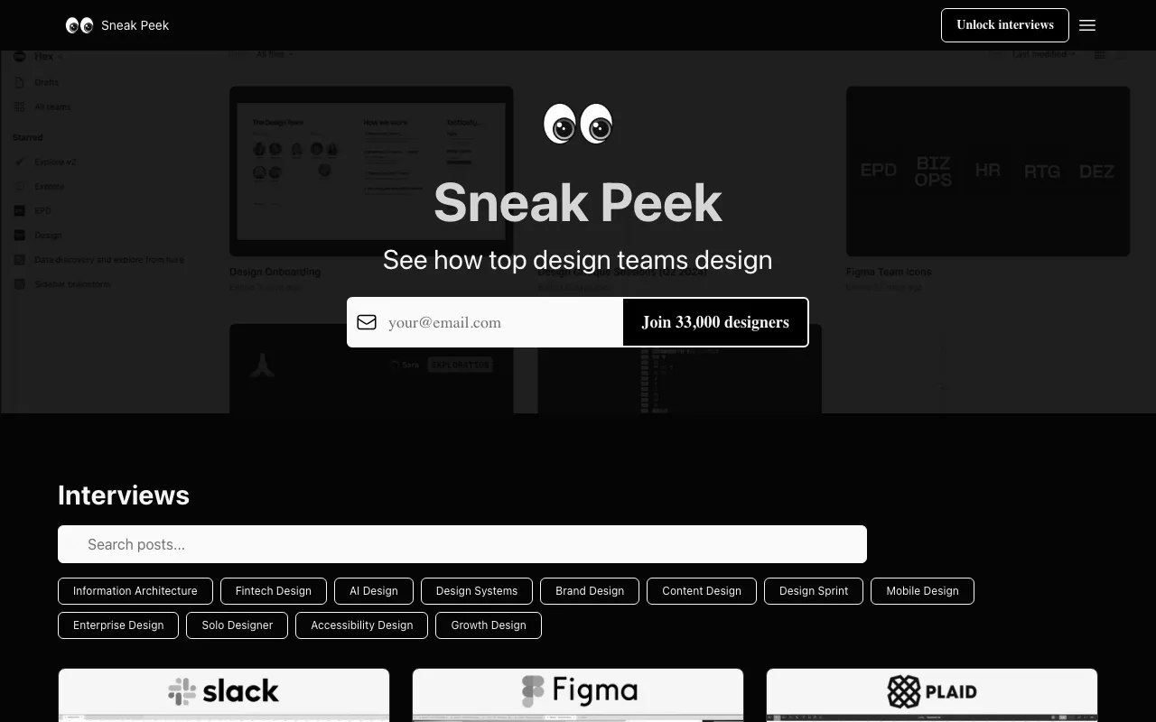 Anteprima di Sneak Peek, servizio per scoprire come sono strutturati i file Figma dei top designer