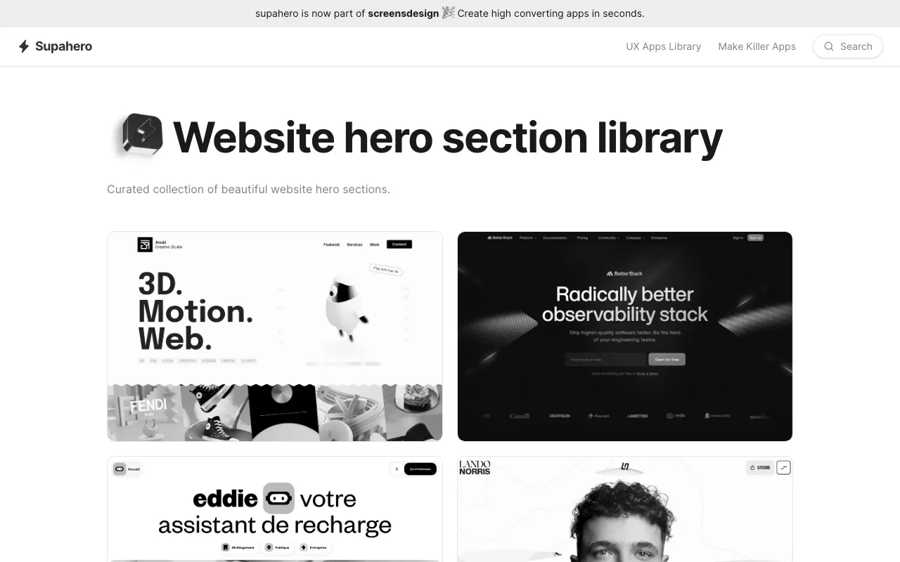 Anteprima di Supahero, raccolta di hero section