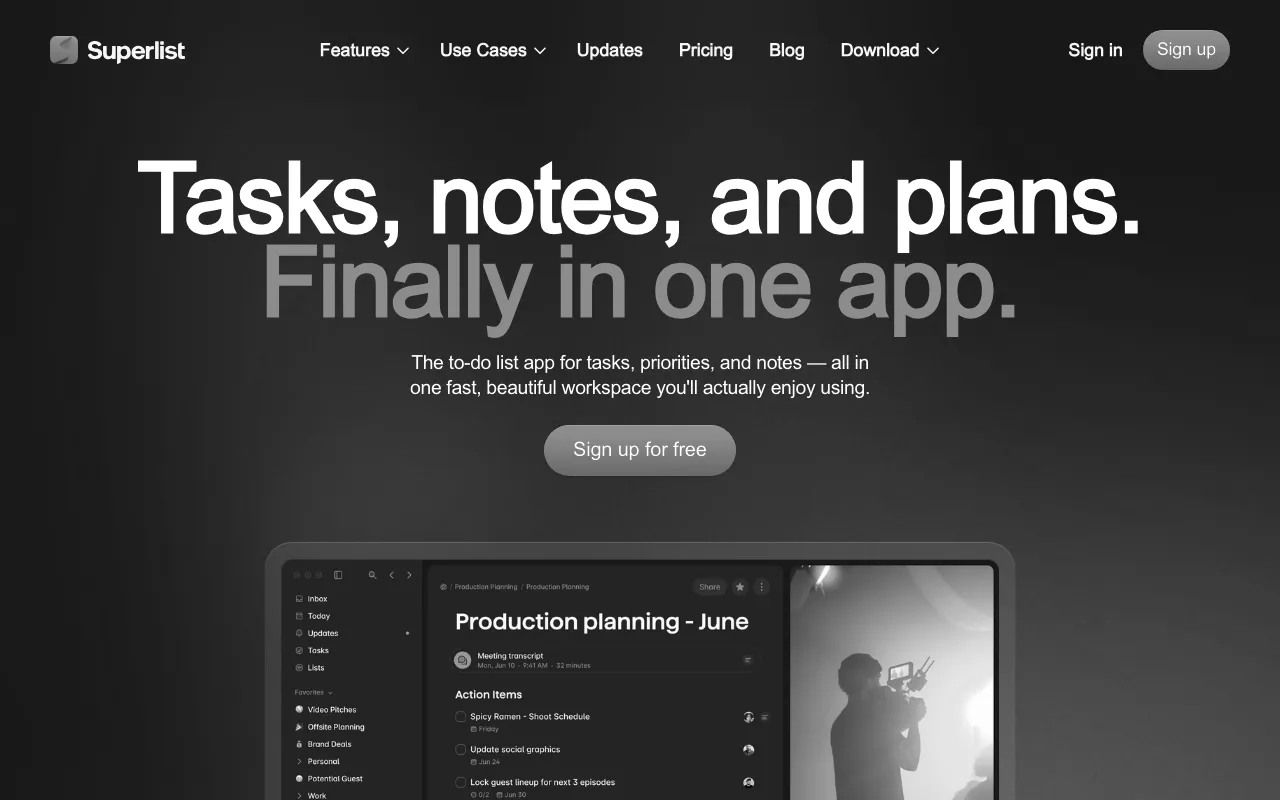 Anteprima di Superlist, tool per pianificazione e gestione task