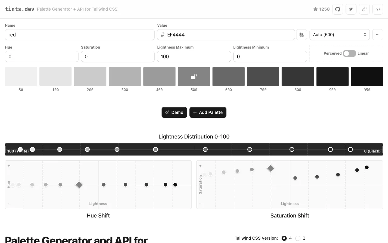 Anteprima di Tints.dev, tool online per generare scale di colore