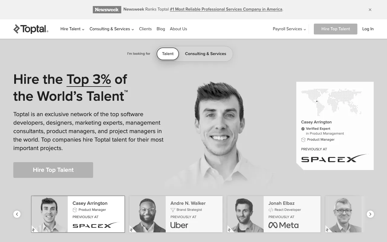 Anteprima di Toptal, piattaforma di ricerca lavoro per designer
