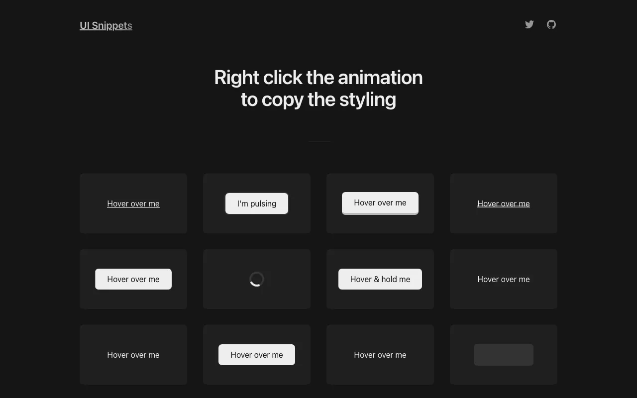 Anteprima di UI Snippet, raccolta di animazioni CSS ready