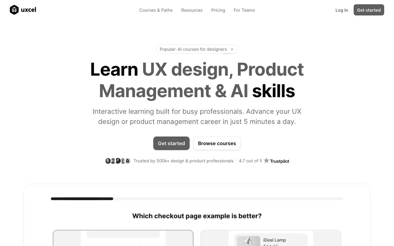 Anteprima di UXcel, corsi sulla UX e altri temi del design