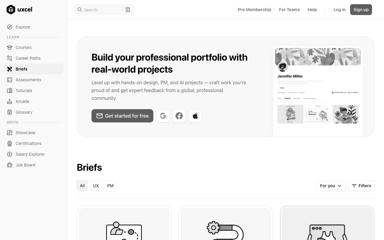 Anteprima di UXcel Design Briefs, esercizi e community per designer