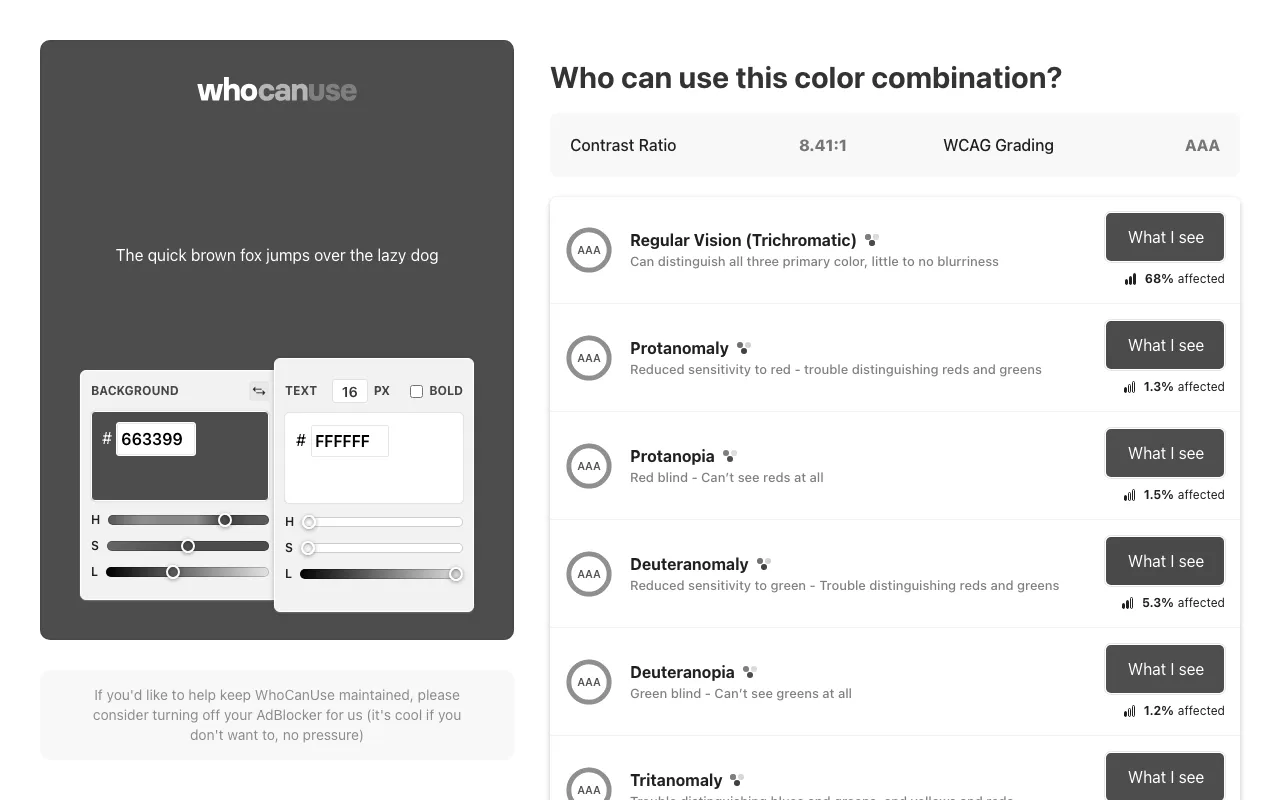 Anteprima di Whocanuse, tool online per verificare palette colore